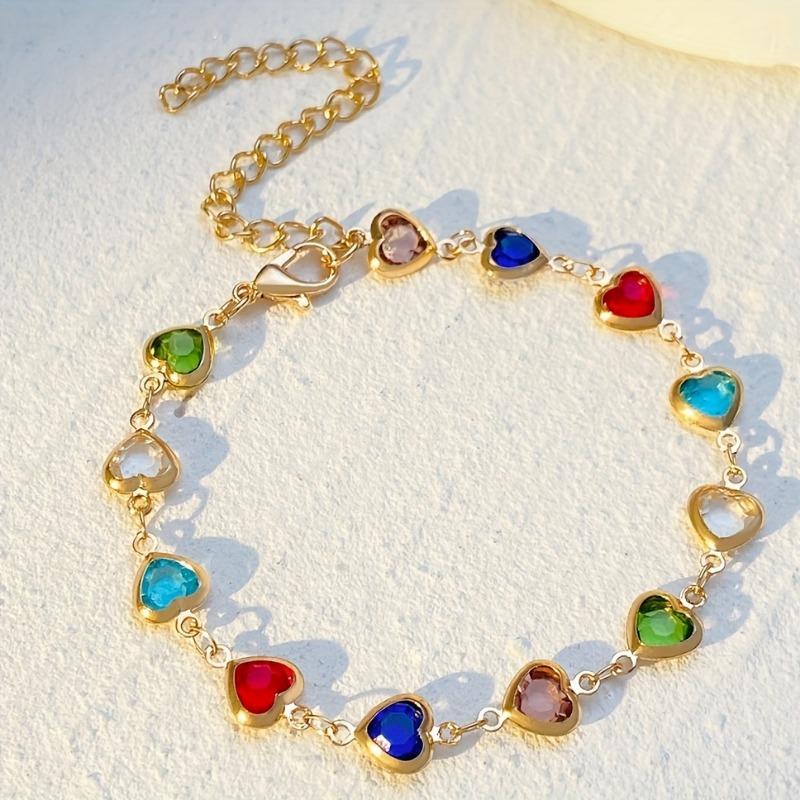 Bracciale Colorato Lucido a Forma di Cuore, Raffinato Bracciale con Perline, Stile Retrò Elegante
