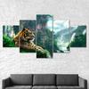 Tiger Animal Mountain Waterfall Nature Scenery 5 Piece Five Panel Wall Canvas Print Modern Poster Picture Home Decor Gift For Him For Her