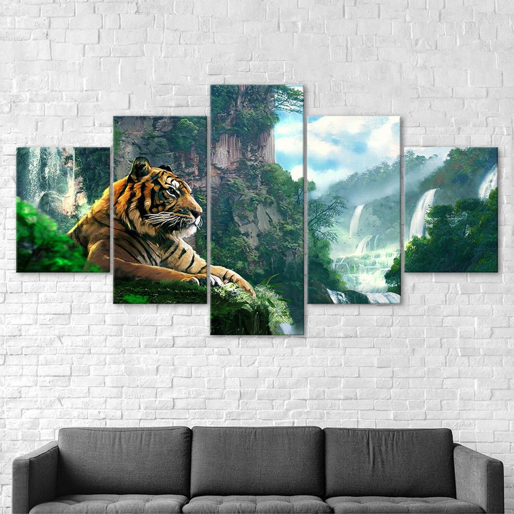Tiger Animal Mountain Waterfall Nature Scenery 5 Piece Five Panel Wall Canvas Print Modern Poster Picture Home Decor Gift For Him For Her