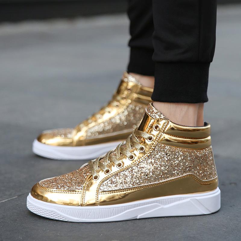 Mode Paljetter Läder Guld Platå Sneakers Tjock Sula Lyx Herr Höga Skor Höstmode Casual Sportskor Stor Storlek 46