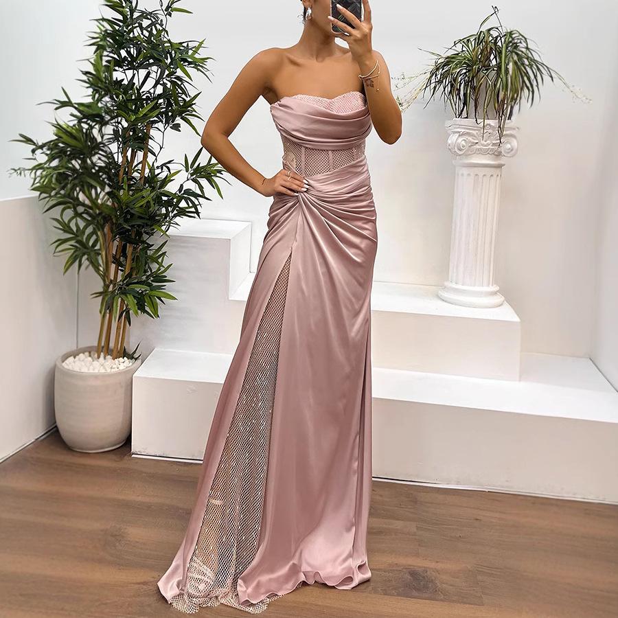 2026 European Color Satin Bustier Dress - Spring/Autumn Casual Fashion Patchwork