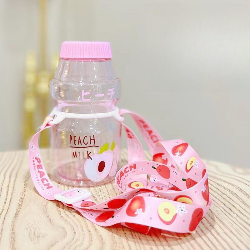 480ml Kawaii Plastic Water Bottle With Cup Strap Drinking Bottle Yakult Shape Cute Milk Carton Shaker Bottle for Kids/Girl/Adult