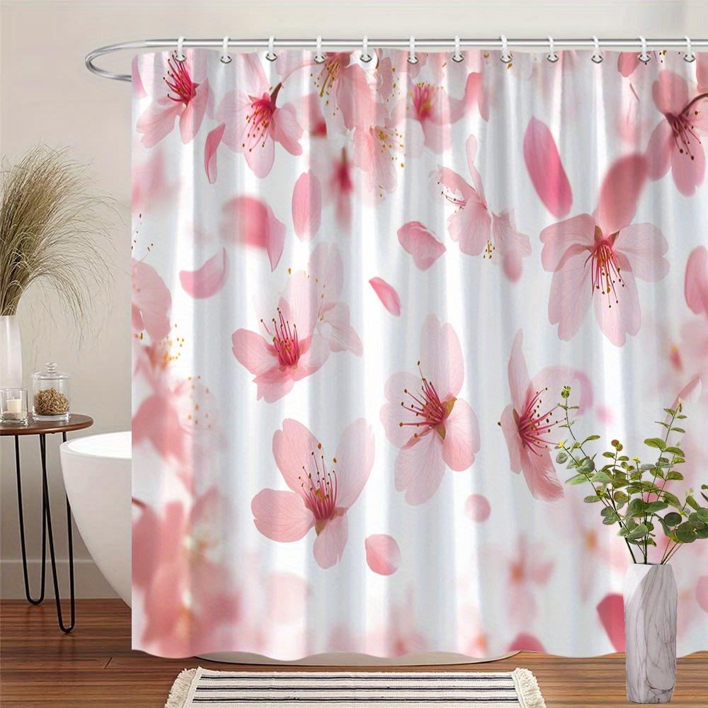 1 Elegant Pink Cherry Blossom Shower Curtain - Polyester Fabric, Gradient Petals And Gold Stamens, With Hook, Machine Washable