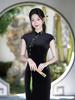 Retro Black Velvet Embroidered Sleeveless Cheongsam - Autumn 2025, Stretch Long Style