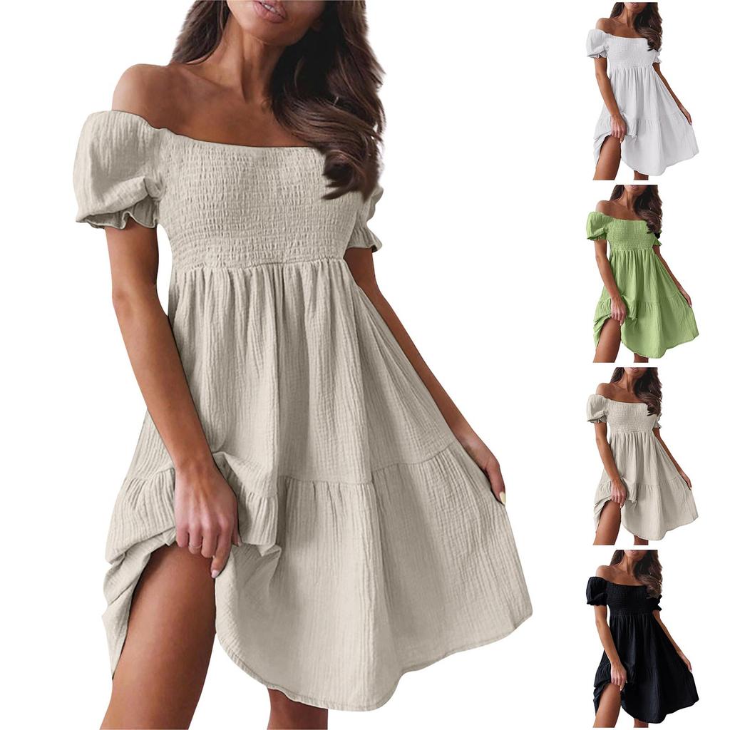 Sommer-Damenkleid mit kurzen Ärmeln, einer Schulter, Taille umspielend, Rüschenbündchen, einfarbig, Party-Resort-Kleid