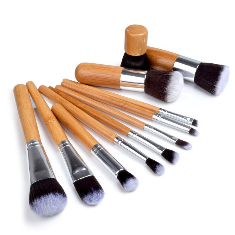 Sada 11 v 1 Štětce na make-up s přírodní bambusovou rukojetí s látkovým sáčkem Štětec na míchání make-upu s měkkými vlákny Kosmetický nástroj