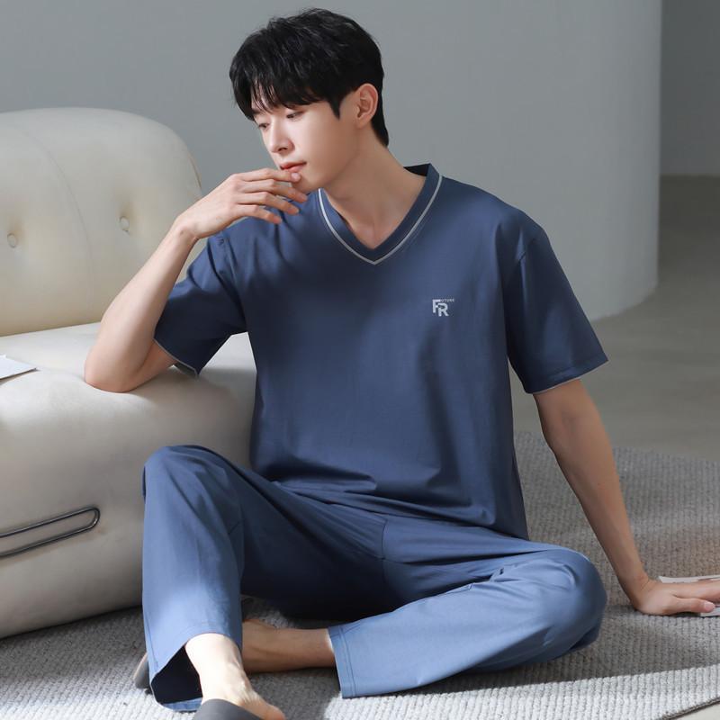 

Синий цвет мужской хлопковый пижамный комплект на лето с короткими рукавами, топ для сна, длинные штаны, ночная рубашка, домашняя одежда для молодых мальчиков L for 55-65kg