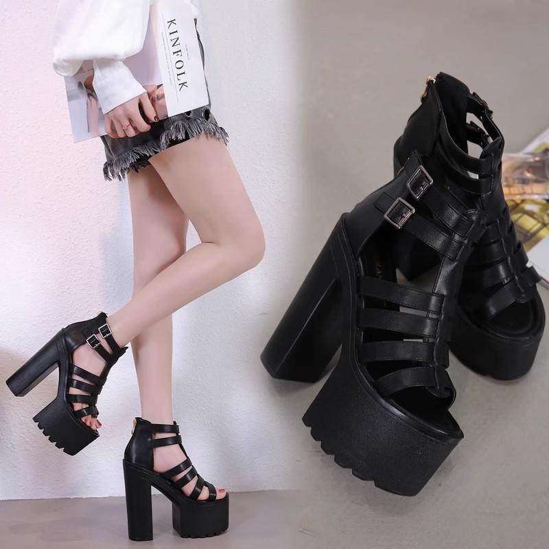 Fashion 14CM Goth Platform Block Heels Buckle Decor Black Women Sandals Ankle Strap Open Toe Summer Party Vintage Prom Shoes Pumps