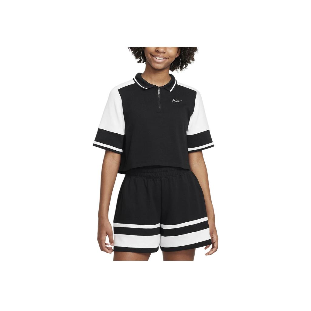 Nike Colorblock Polo Short Sleeve Sport Casual T-Shirt Women Tops Black White FV0188-010