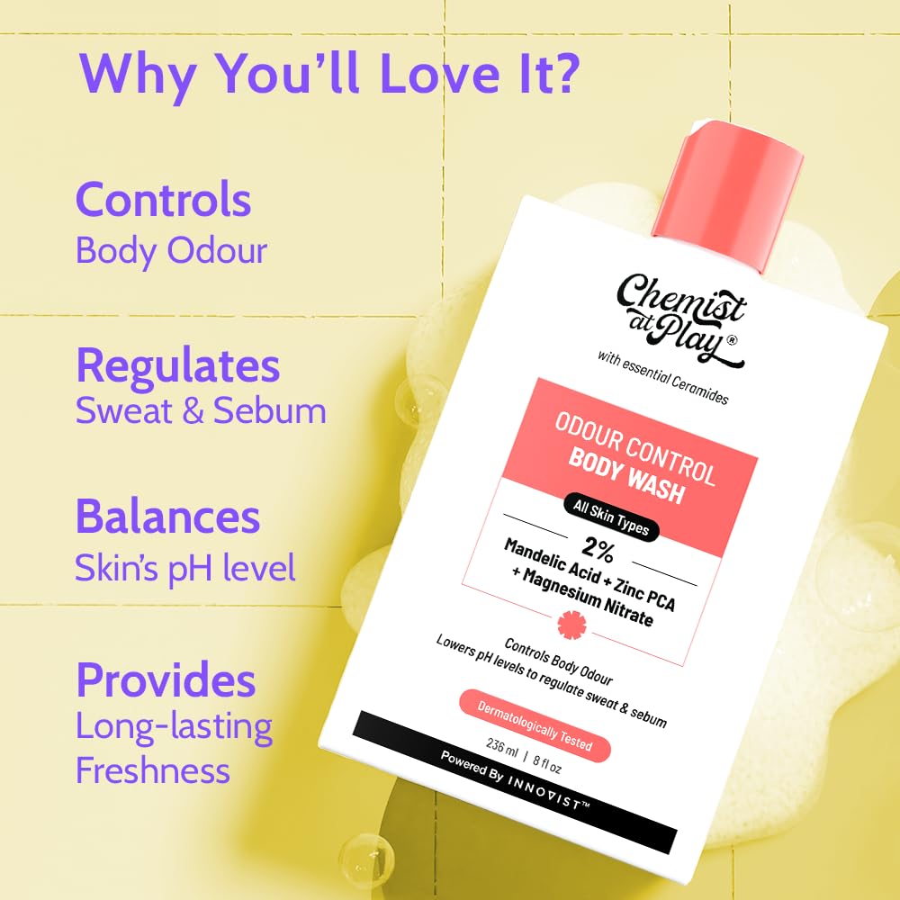 Chemist At Play Odour Control Bodywash | India’s 1st | With 2% Magnesium Nitrate, Mandelic Acid & Zinc PCA | Long Lasting Freshness | Lowers PH Level