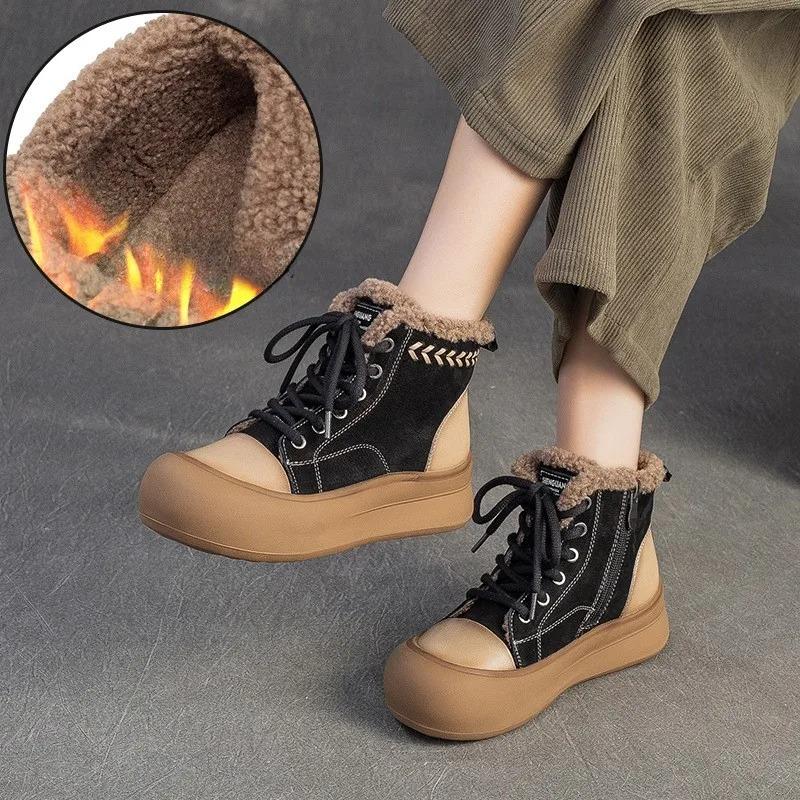 Johnature Retro Mixed Colors Plush Warm Short Boots Genuine Leather Thick Soled Women's Shoes