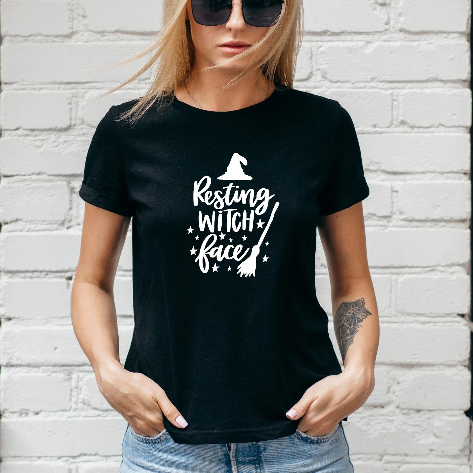 RESTING WITCH FACE T-Shirt, White Motif PAGAN, HALLOWEEN Autumn, Unisex/Lady Fit 4XL