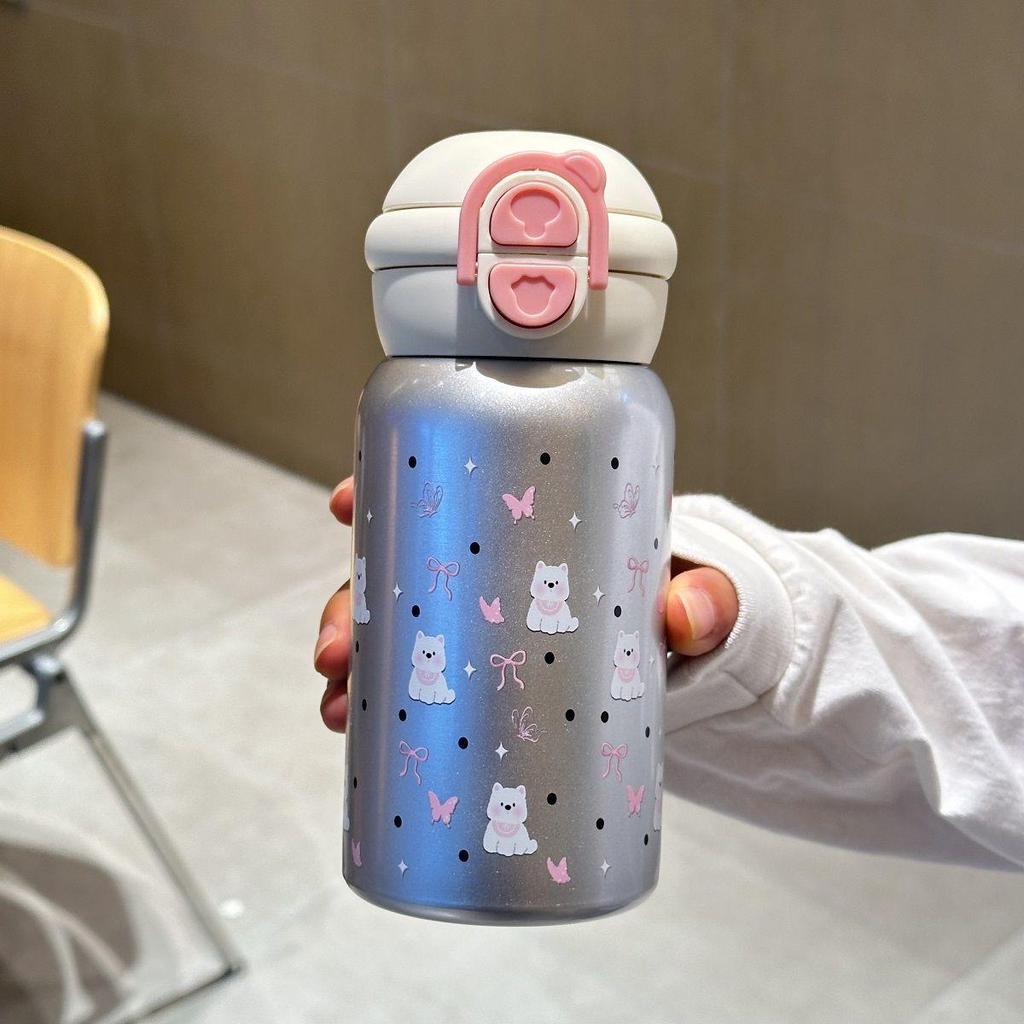 Vysoce kvalitní izolovaný hrnek na vodu z nerezové oceli 316 s výklopným víčkem a dvěma brčky - Roztomilý, velká kapacita pro dívky