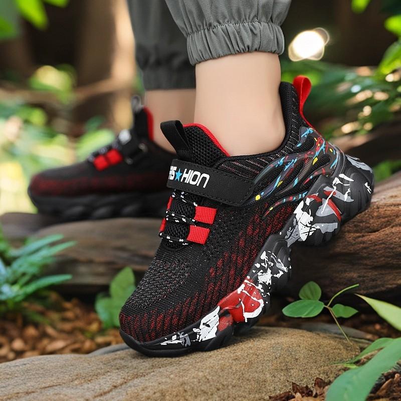 Boys Running Shoes Kids 7-12 Years Lightweight Breathable Mesh Sneakers With Hook Loop