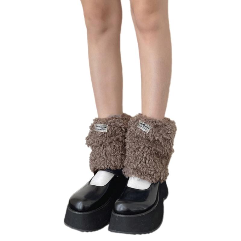 Women Furry Leg Warmers with Letter Label Aesthetic Winter Warm Fuzzy Plush Boot Cuffs Leg Gaiters Socks Streetwear
