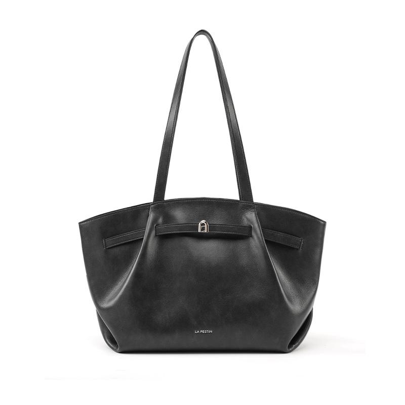 New LA FESTIN Top Grain Cow Leather Handbag, Shoulder Bag, Underarm Tote Large Women's Cardamom Brown/Coconut/Raven Black 622381