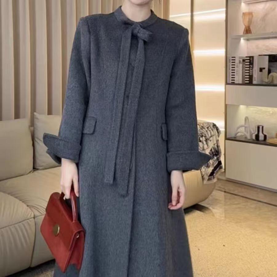 

Осень и зима Новый стиль Хепберн стиль бант двухстороннее кашемировое пальто женское средней длины тонкое шерстяное пальто M