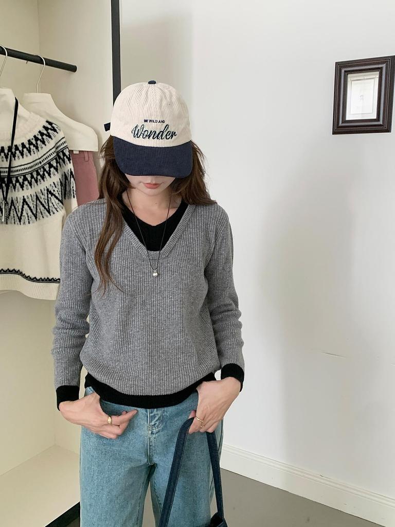 Women's V-Neck Wool Sweater: Color Block, Faux Two-Piece, Long Sleeve Knitwear