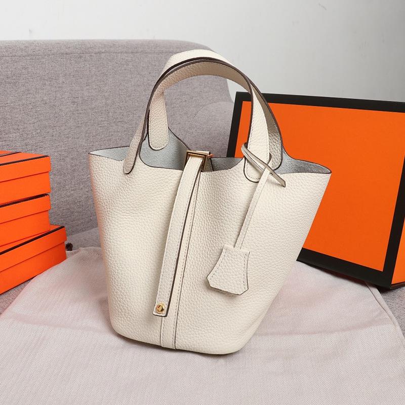 2022 Cowhide Lychee Pattern Bucket Bag: Stylish All-Match Handbag for Women