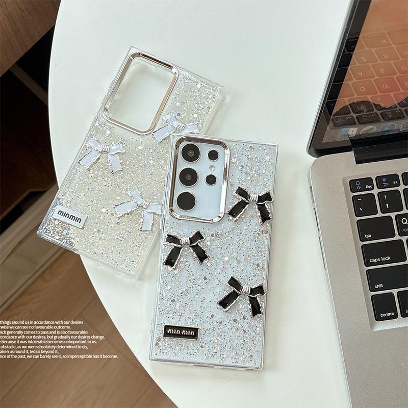 Glue Sequined Transparent Mobile Phone Case for Samsung S25ultra Bow Korean GalaxyS24 Anti-fall A06