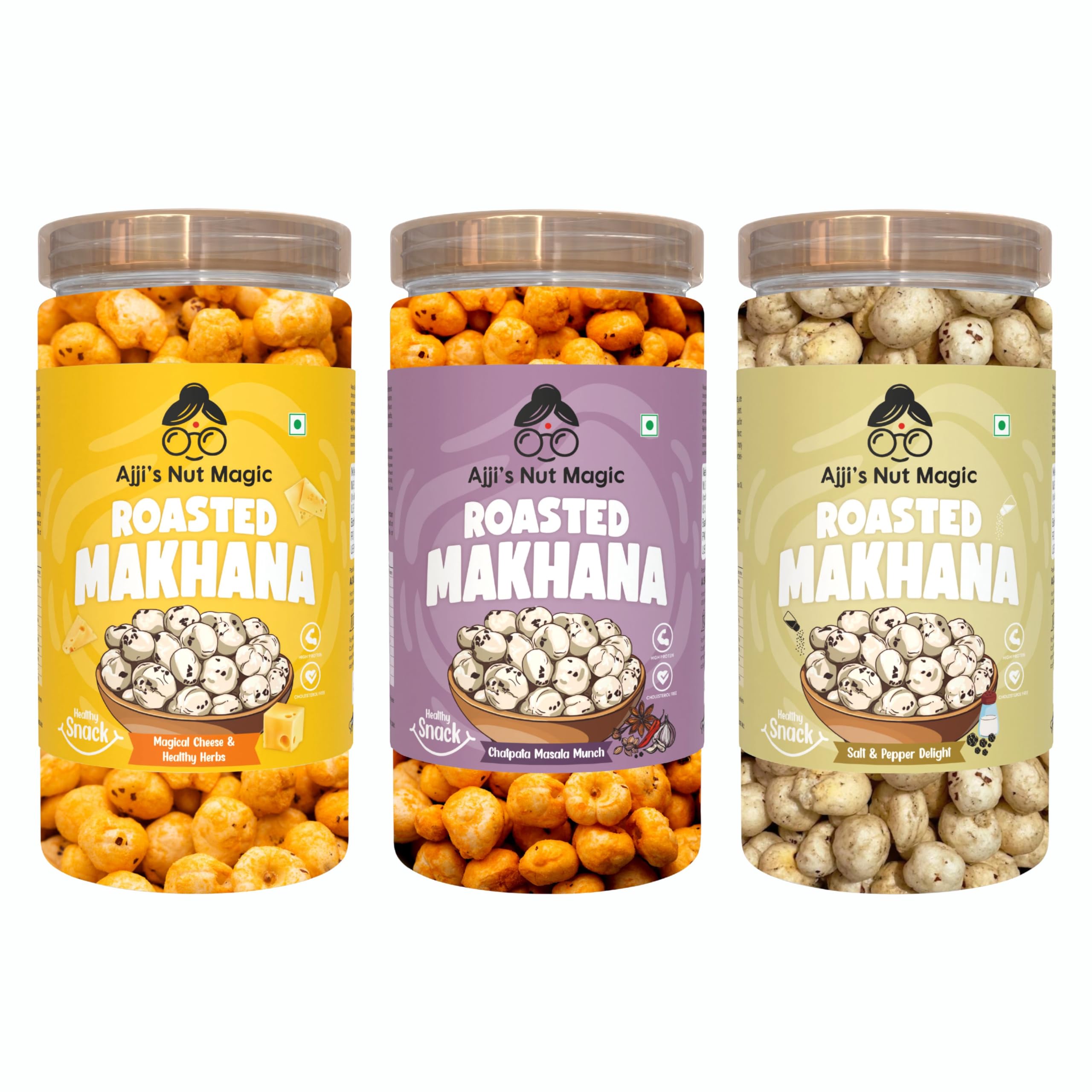 

Ajji’s Nut Magic Roasted Makhana Combo (210g) | Cheese, Chatpata Masala & Salt & Pepper Flavors | Healthy Roasted Fox Nuts | Crunchy Lotus Seeds