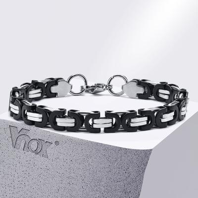 Vnox 8.5mm Black  Color Byzantine Link Chain Bracelets for Men Teens, Two Tones Punk Rock Cool Wristband