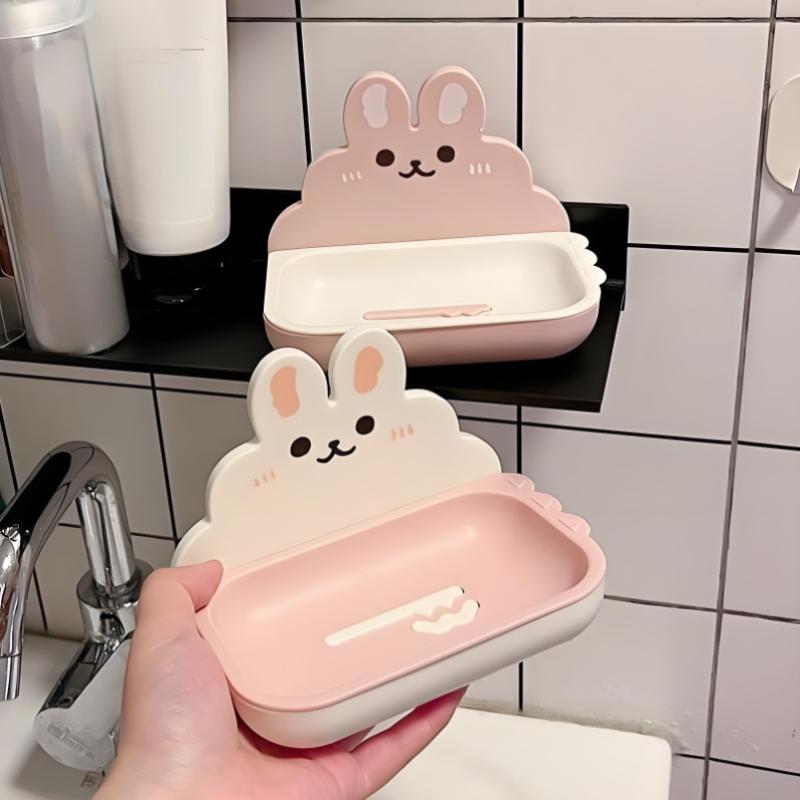 Cute Rabbits Soaps Box Holder Wall Mounted Punch Free Double-Layer Quick Drain Soaps Storage Case Bathroom Accessories