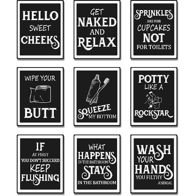 Zonon 9 Pieces Bathroom Wall Decor, Funny Vintage Bathroom Signs Washroom Quotes Sayings Art Prints Washroom Posters for Wall Restroom Toilet