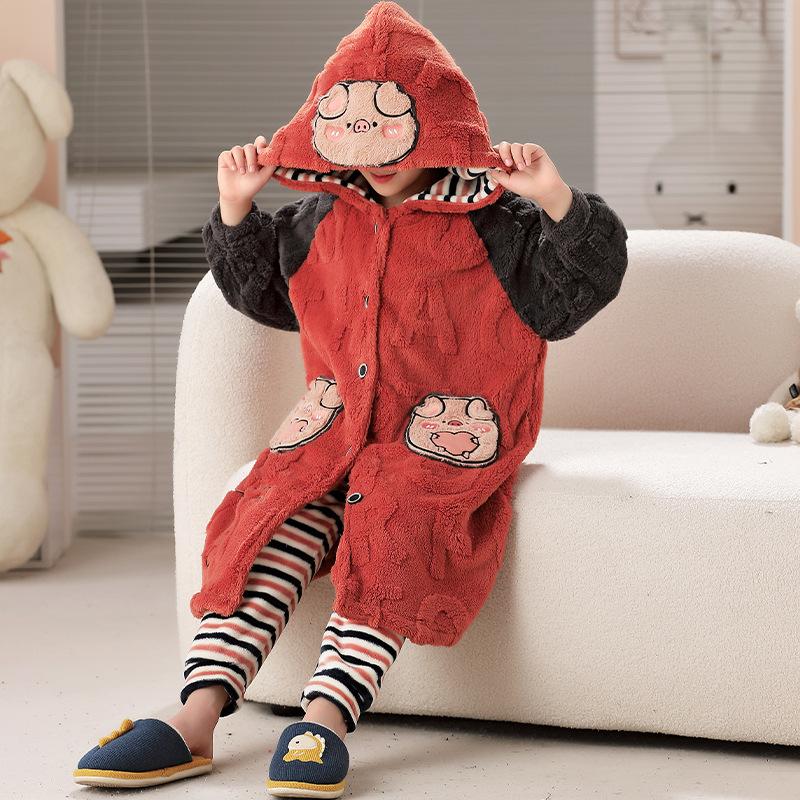 Kids Flannel Pajamas Set Boys Girls Warm Long Sleeve Top And Pants Sleepwear Winter Home Nightwear
