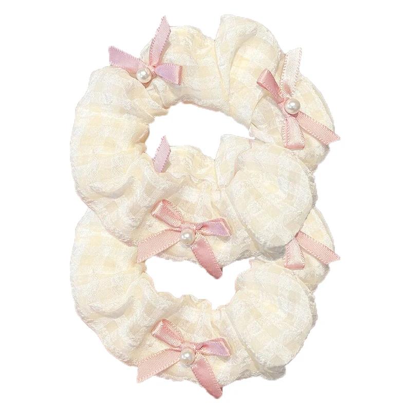 Pink Bow Sweet Satin Checkerboard Bow Hair Tie Women Ponytail Cute Hair Ring Fashion Hair Accessories