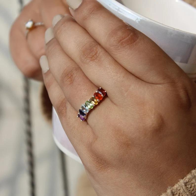 Bague Argent Massif Avec Pierre Multicolore - Taille 8,25 - Occasion