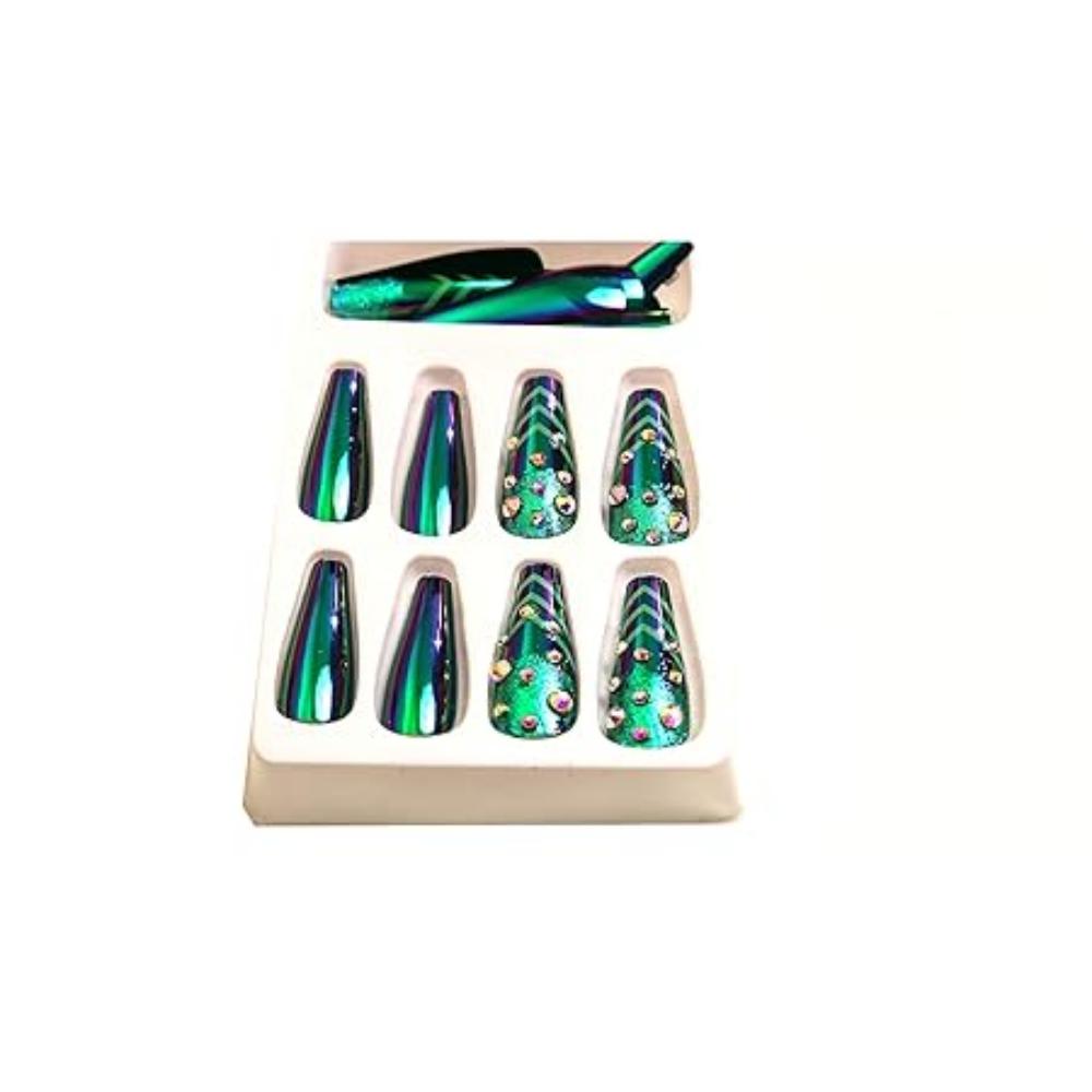 24pc Set Of Extra Long French Artificial Nails With Stone With Free Application KIt (Green Multi)