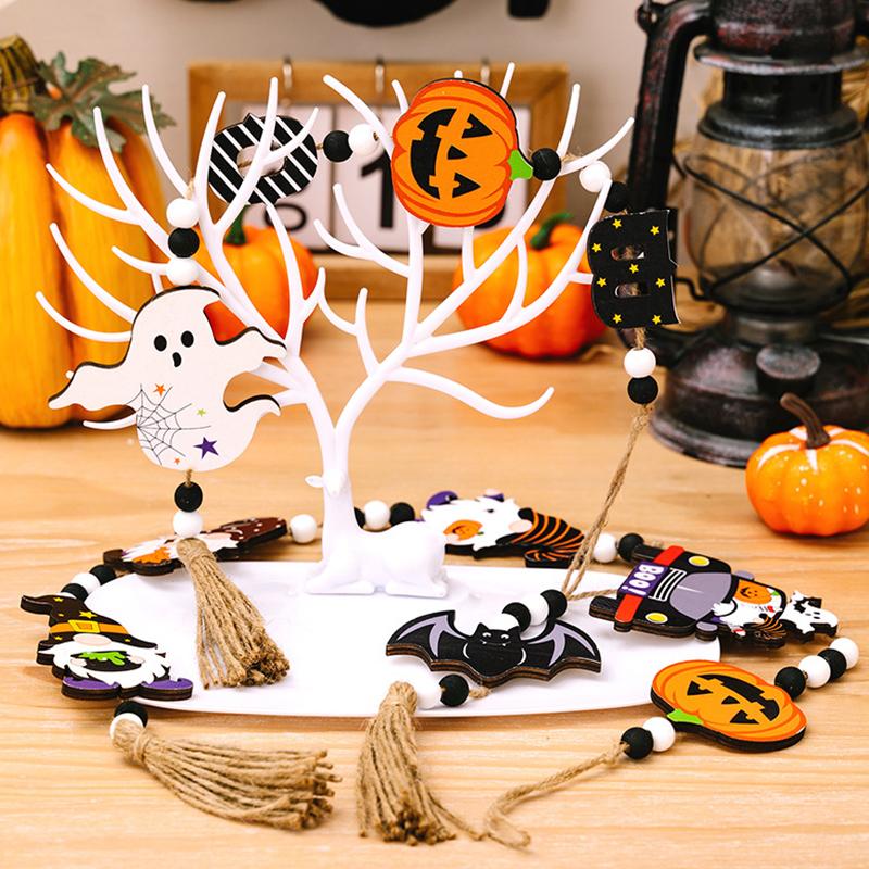 3 Pcs Halloween Wooden Tassel Beads Pendant Gnome Pumpkin Bat Ghost Wall Hanging Ornaments For Home Tiered Tray Decoration Props