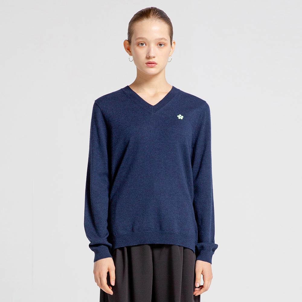 Via Bon De Via 100% Wool Flower V-Neck Knit (Navy) Navy/L