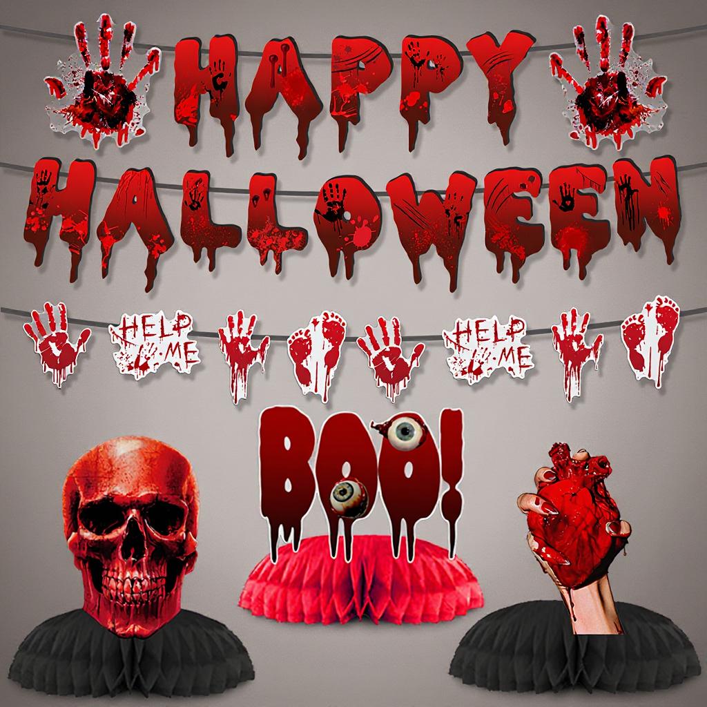 Halloween Disposable Tableware Set Horror Bloody Handprints Plates Cups Napkins Halloween Party Home Table Decoration Supplies