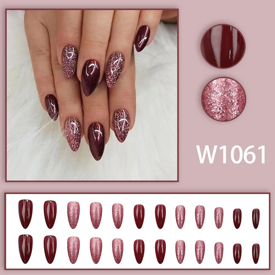 24-Piece Luxury Almond Nails: Dark Red Brown, Sparkling Design