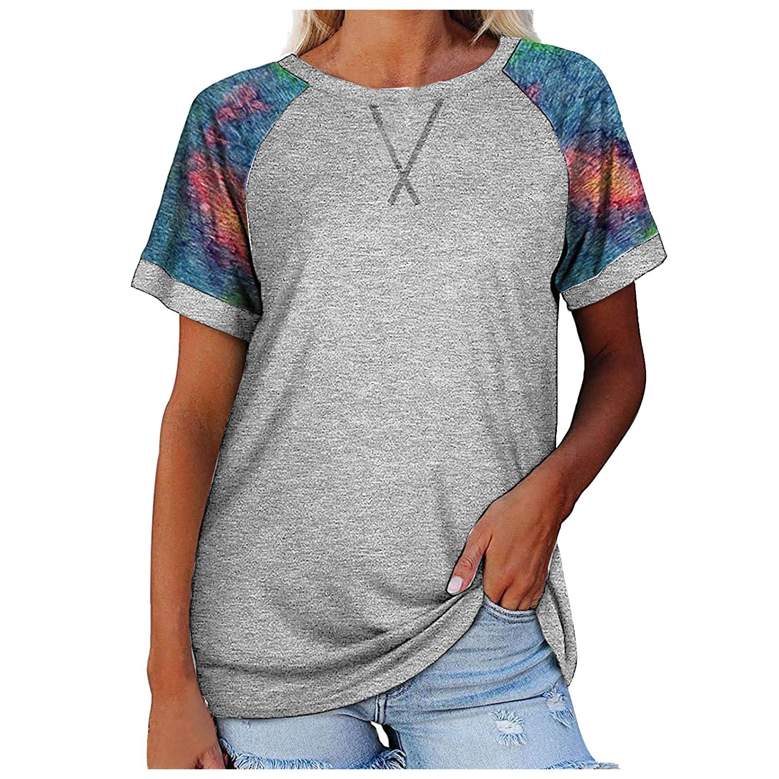 

Women s Tie-Dye Printed Patchwork Round Neck Short Sleeve T-Shirt Top XL сірий колір