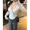 Autumn Women's White V-Neck Long-Sleeve Lace Top – Sexy Waist-Cinching Inner and Outer Wear