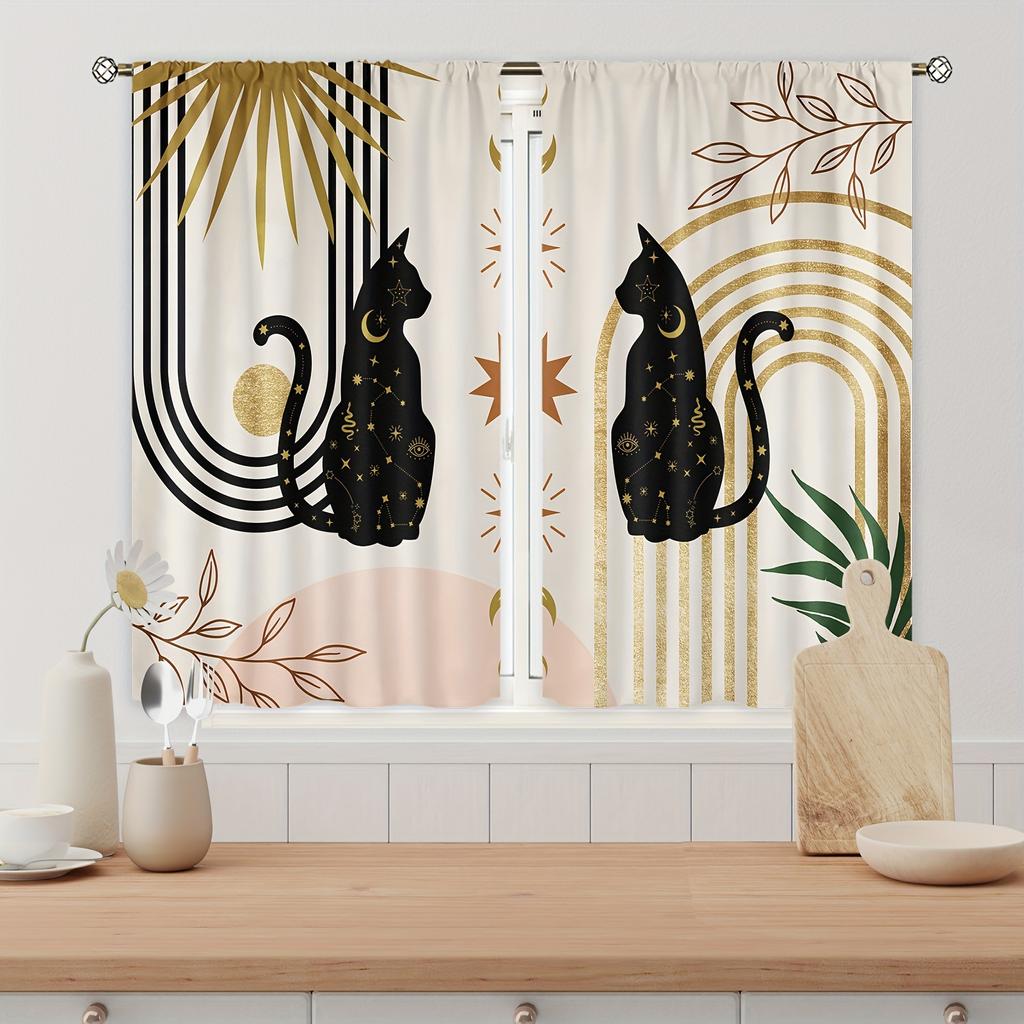 2pcs Medieval Abstract Cat Kitchen Curtains Tiers Funny Cute Animal Bohemian Leaves Modern Minimalist Art Office Cafe LivingRoom