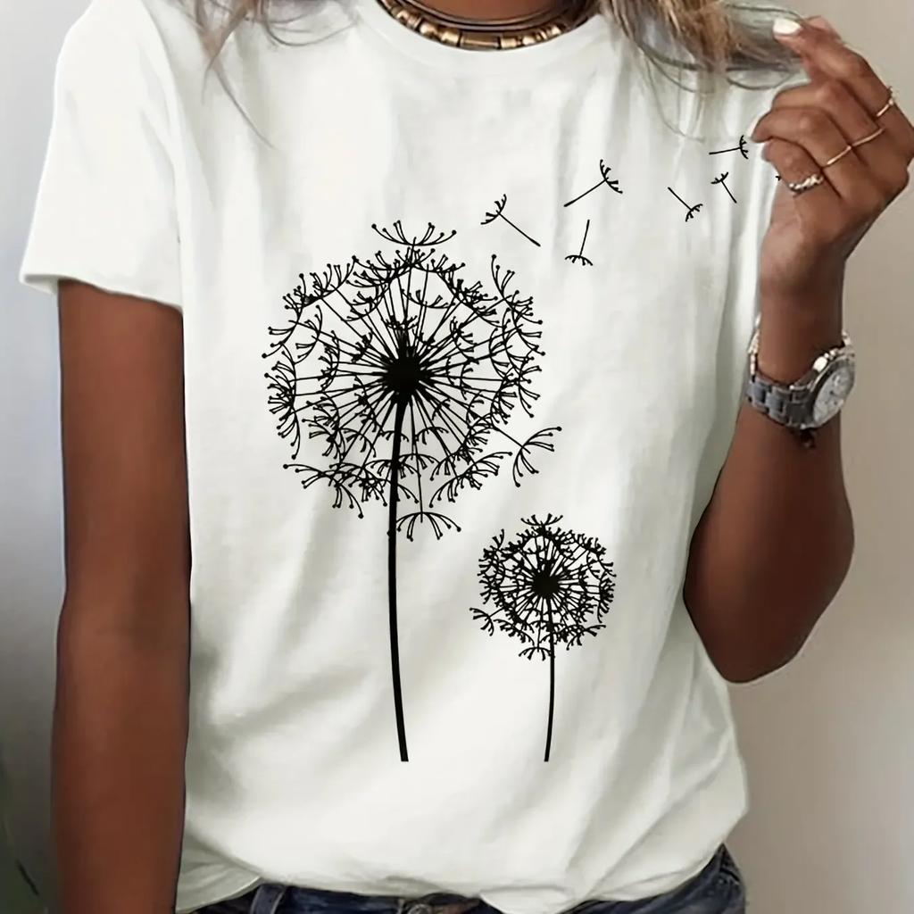 Dandelion Print Crew Neck T-Shirt Women T-Shirt Casual Short Sleeve Top Summer Women's Clothing Cartoon Streetwear Clothes
