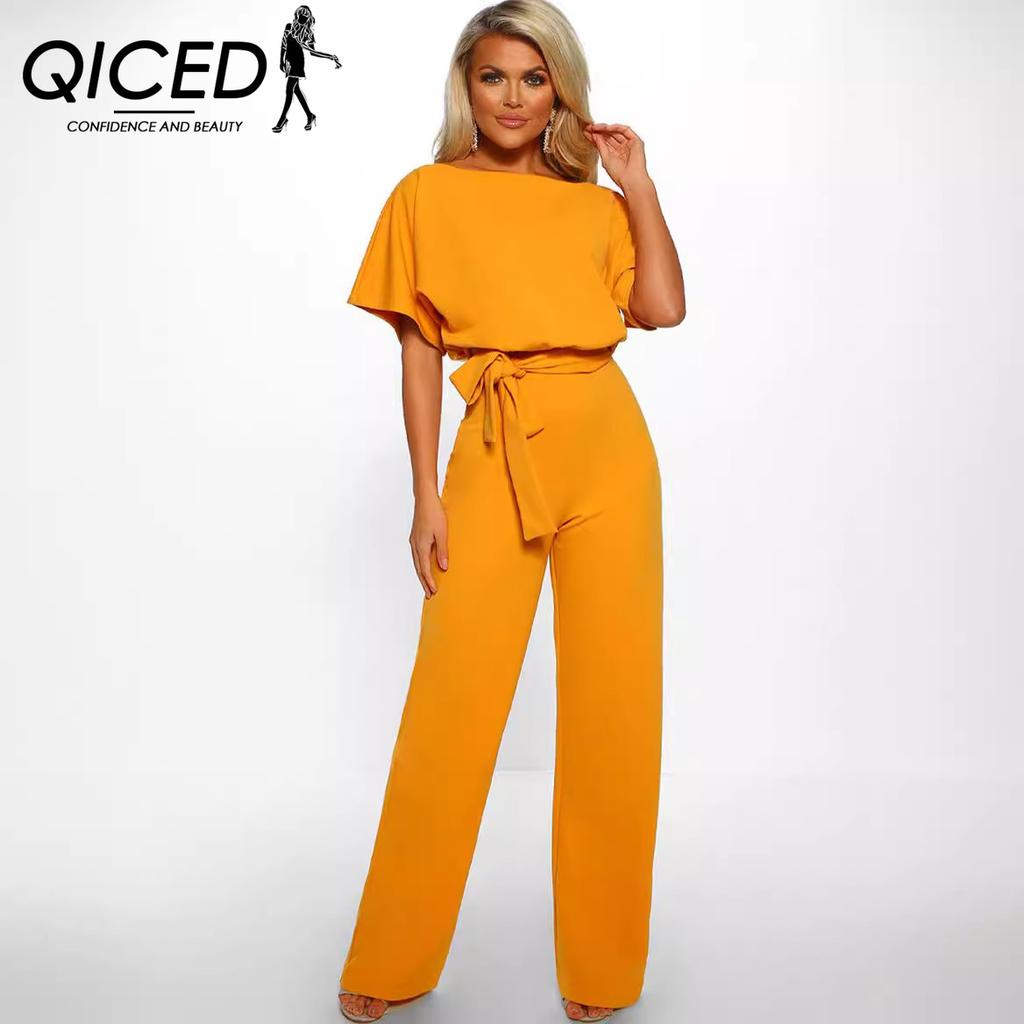 QICED Spring Summer Fashion Lace-up Short Sleeve Jumpsuit for Women