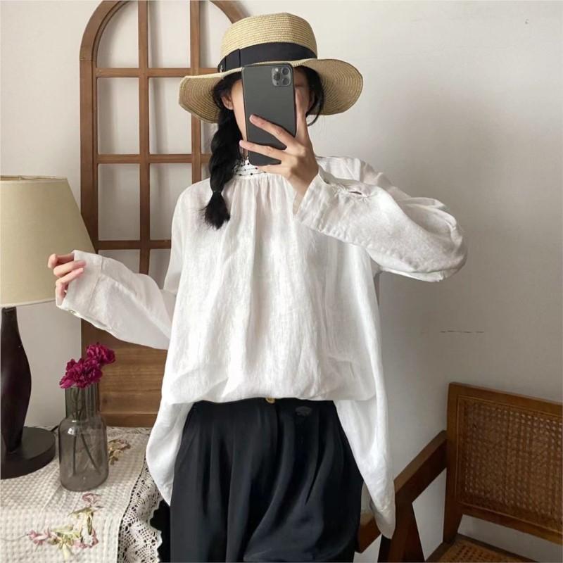 Johnature Frühling Sommer Dünne Weiße Frauen Tops Casual Leinen Rüschen Kragen Patchwork Lose Einfache Weibliche Shirts