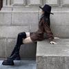 Skinny legs long thick-soled square head high boots 2025 black over-the-knee boots long boots universal cos knight boots tide