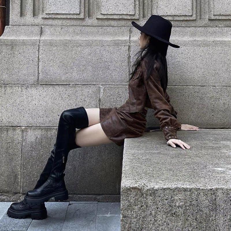 Skinny legs long thick-soled square head high boots 2025 black over-the-knee boots long boots universal cos knight boots tide