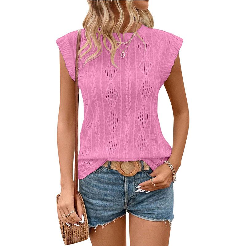 2026 Summer New Women's Round Neck Jacquard Short Sleeve Loose Solid Color T-Shirt
