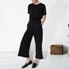 Summer Women Jumpsuit O Neck Short Sleeves Elastic Waist Wide Leg with Side Pockets Solid Color Loose Casual Daily Wear Ankle Le