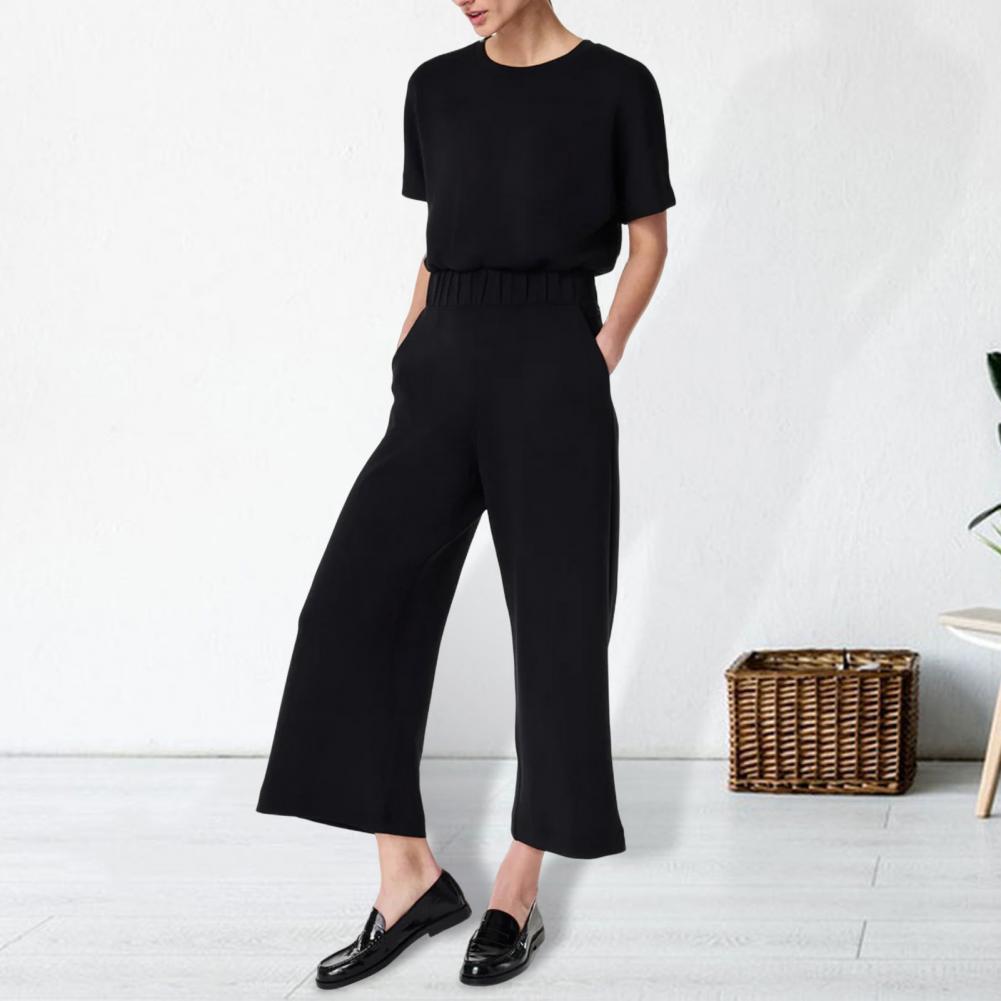 Summer Women Jumpsuit O Neck Short Sleeves Elastic Waist Wide Leg with Side Pockets Solid Color Loose Casual Daily Wear Ankle Le