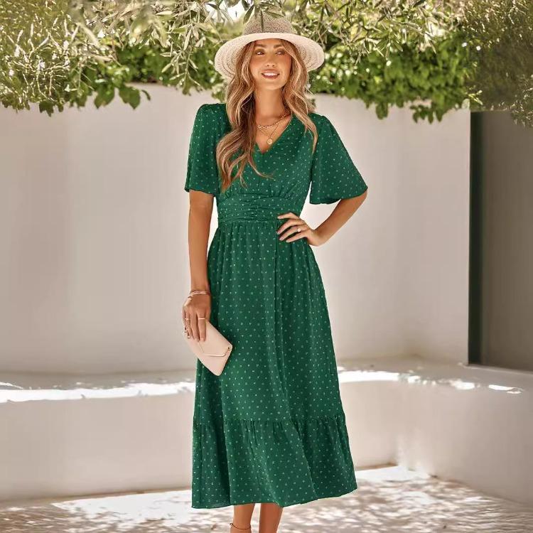 Women Summer Casual V-Neck High Waist A-Line Dress Long Sleeve Lotus Leaf Solid Color Spring Dress S-XL