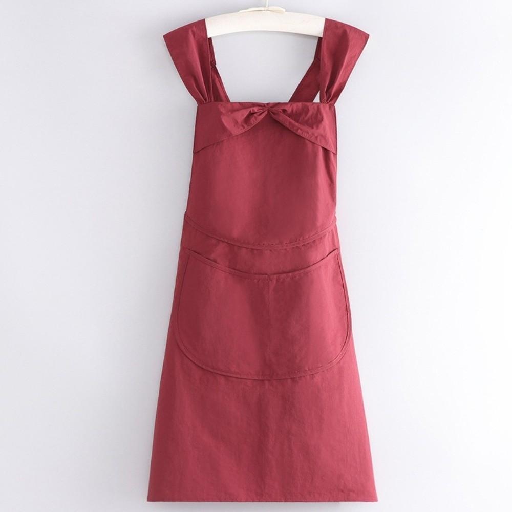 Solid Color Women Apron Large Pockets Adjustable Bow Strap Kitchen Apron Long Length Anti-Stain Anti-Stain Apron For Cooking
