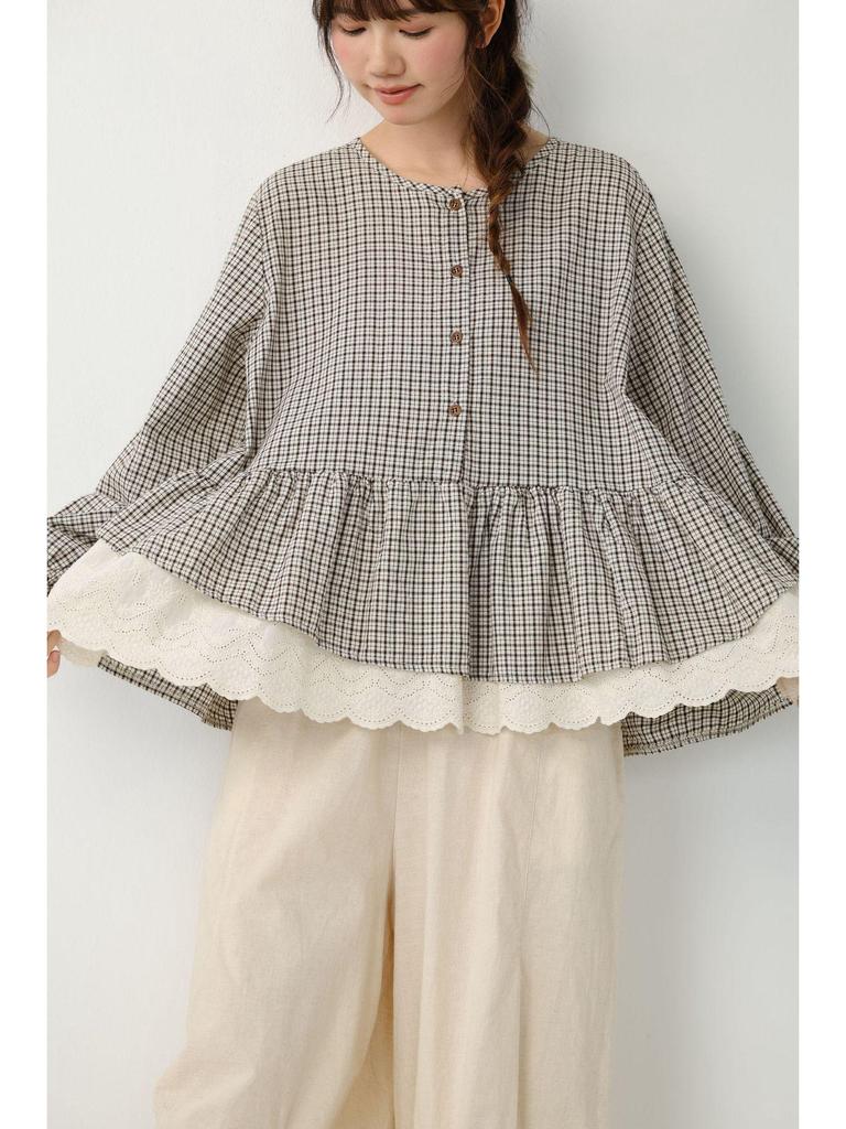 Spring Retro Plaid Patchwork Lace Long Sleeve Shirt - Loose, Versatile & Slimming Pullover Top